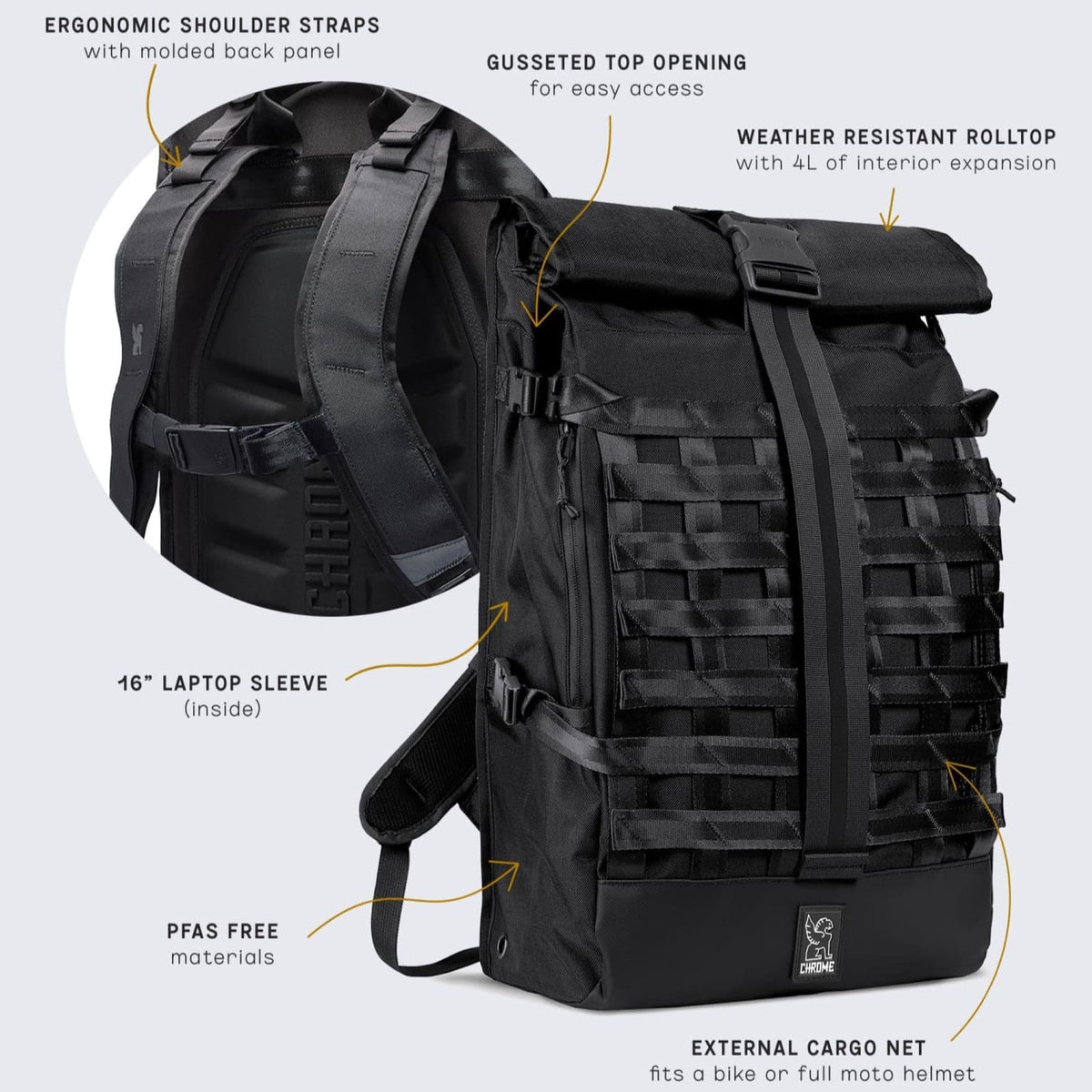 Chrome Barrage 34L Backpack - Black – Funktioner och konstruktion